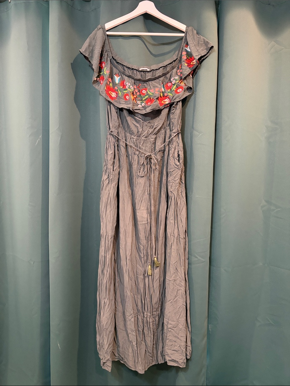 Army Green Maxi Dress with Floral Embroidered Yoke